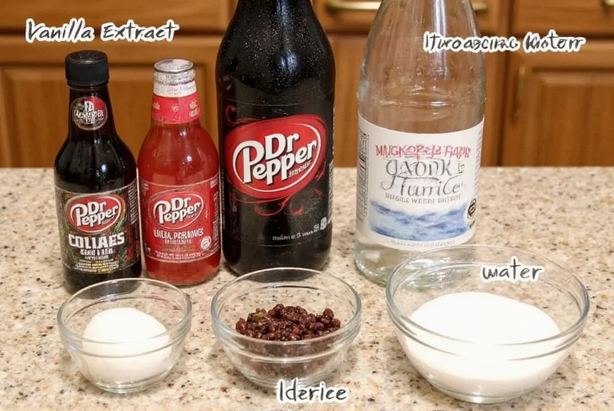 Homemade Dr Pepper ingredients arranged on kitchen counter: vanilla extract, cherry extract, licorice root, carbonated water, and sweetener