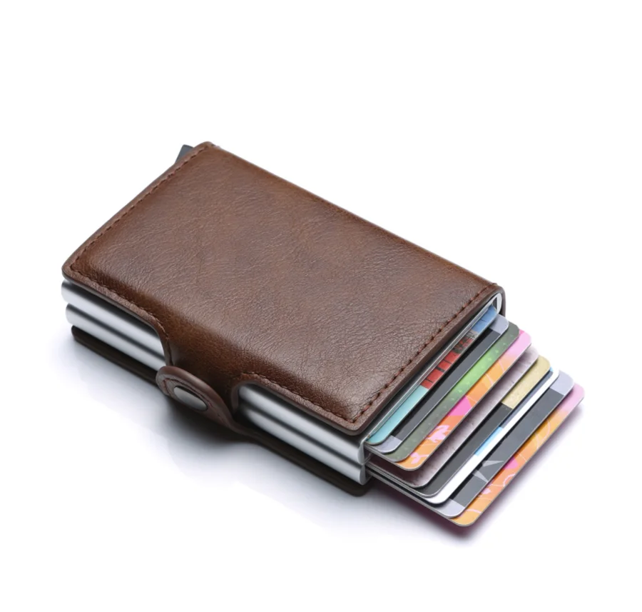 

Double Card Holder PU Leather Wallet With Pop Up And RFID Blocking Function For Business Gift Christmas Gift, Red, yellow, light grey, dark blue, black, coffee, carbon fiber