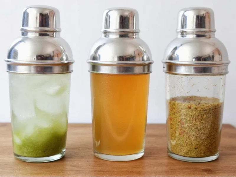 Three variations of homemade sour mix in cocktail shakers