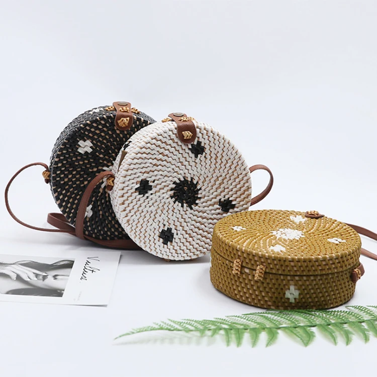 

Beach Straw Bags China Basket Vietnam Boho Hand Purses Clutch Shoulder Kids Small Woven Organic Handmade Rattan Round Bag, 2 colors