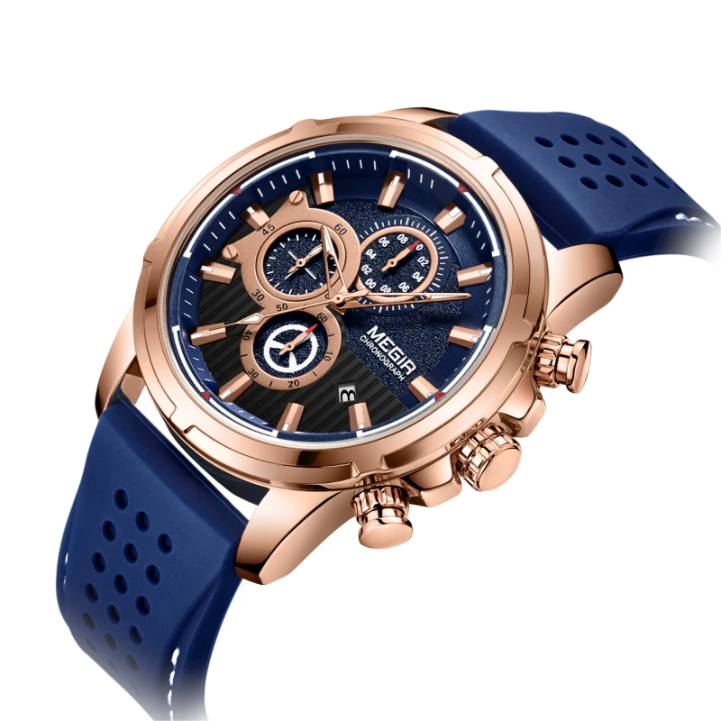 

Relojes hombre megir 2101 Men's Quartz Black Sports Watch 3atm Waterproof Silicone Wrist Watch Chronograph Men