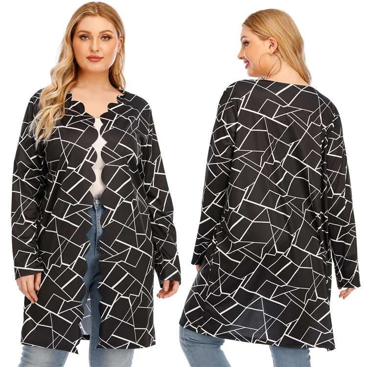 

2021 plus size women's autumn cardigan contrast stripe print wave edge long sleeve coat blouse tops, Black