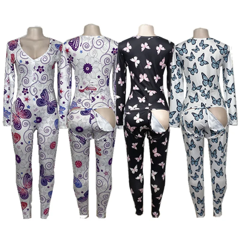 

New Arrival Wholesale Fashion Pajamas Women Night Wear Butt Flap Pajama Jumpsuit Butterfly Onesie, 12 colors