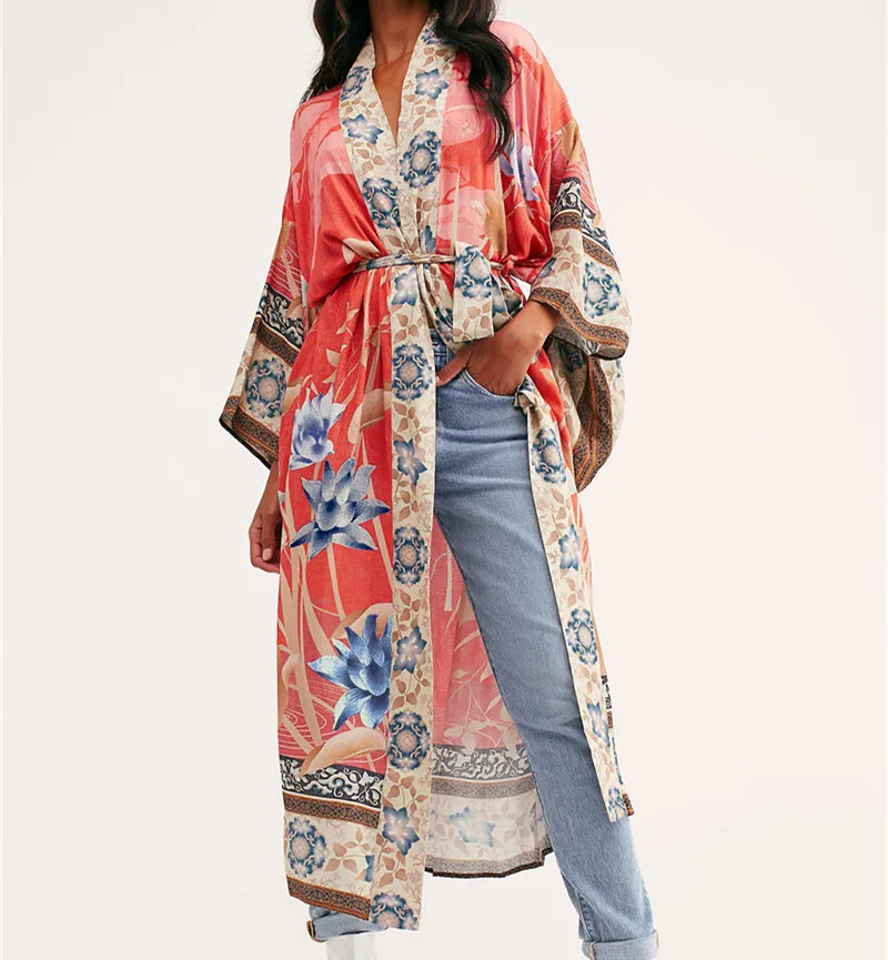 

Boho Style Floral Print Long Kimono Women's Clothing Sashes Belt Holiday Gypsy Chic Bohemian Cover Ups Cape Robe Cotton