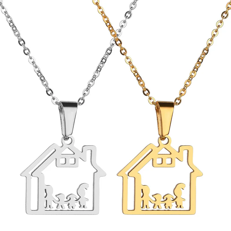 

Fashion Love Family Stainless Steel House Shape Pendant Necklace for Kids Birthday Gift Stainless Steel Bijoux, Steel/gold/rose gold and other