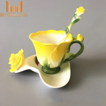 

3D rose shape design hand crafted Porcelain Coffee Tea Cup Sets with heart shape saucer, As picture