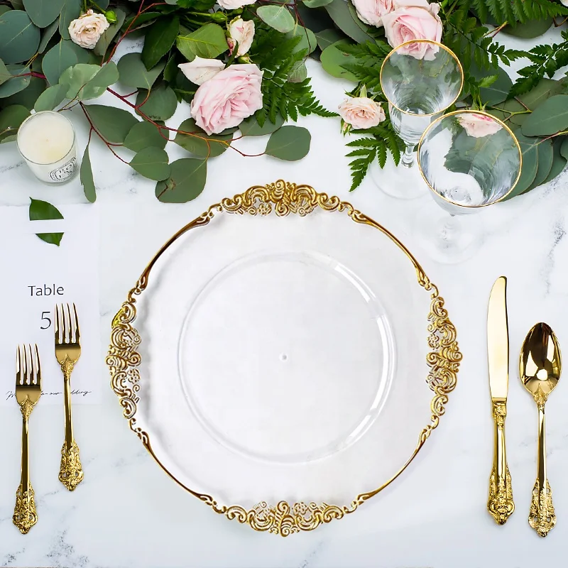 

luxury wholesale cheap table acrylic reef plastic silver gold rim clear charger plates wedding decoration dining beaded 13 inch, Transparent