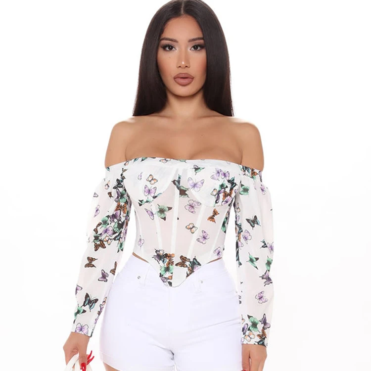 

Slash Neck Boned Off The Shoulder Blouse Ladies Shirts Blouses Tops Butterfly Printing Blouse Long Sleeve Top Summer