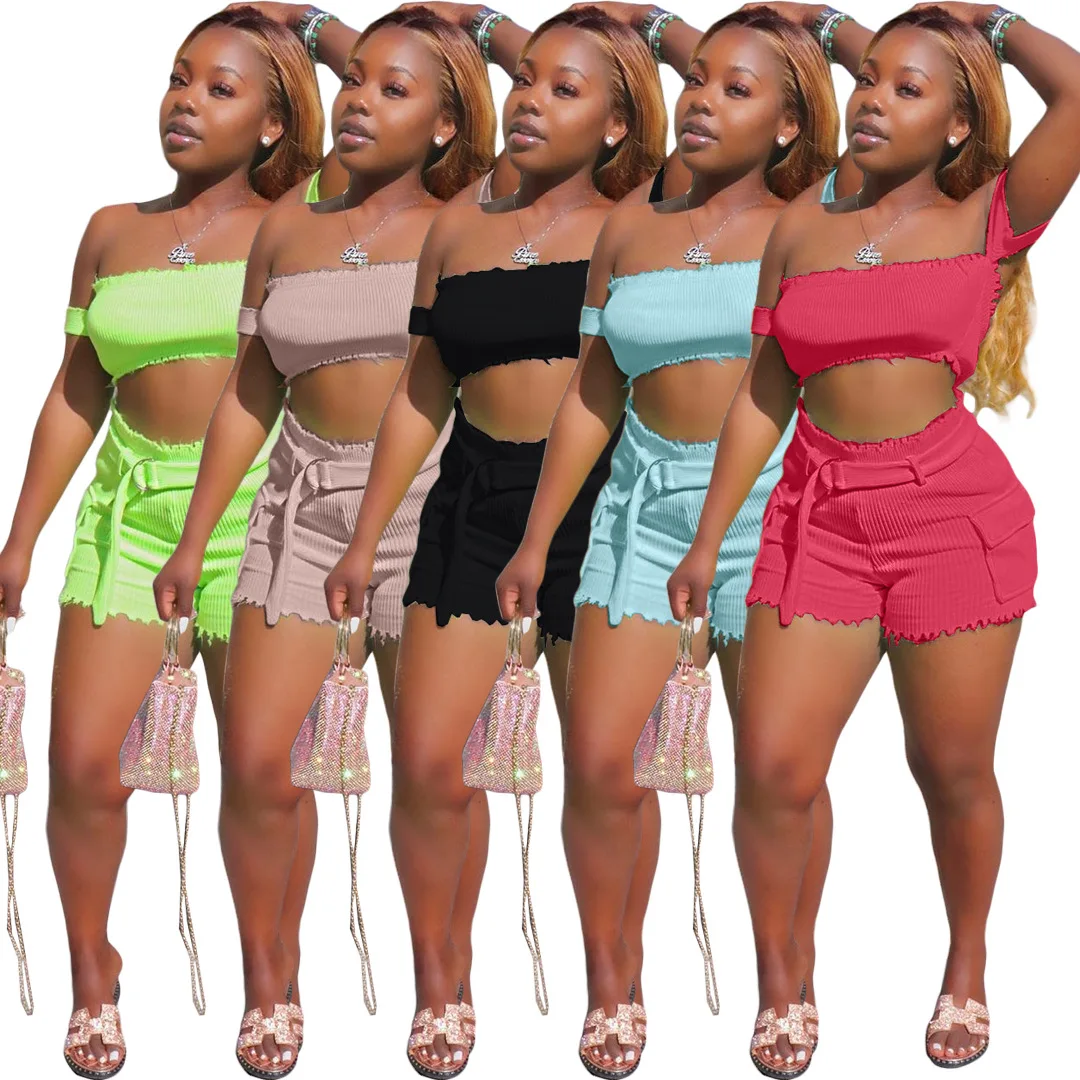 

Hot Sale pure fluorescent color hot sale lady shorts pants with top two piece set women clothing, Shown