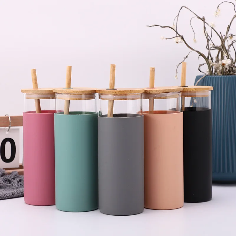 

Seaygift newest straight 16oz glass bottle tumbler cups silicone sleeve cover glass water bottle with bamboo lid straw, Black/pink/blue