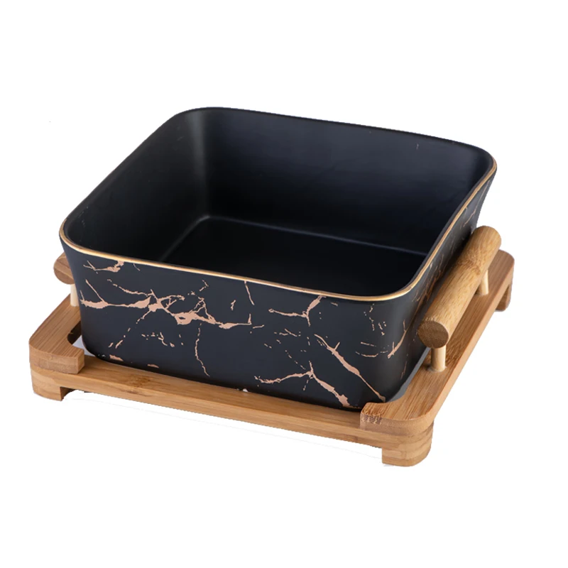 Northern European Marble Pattern Black Square Ceramic Fruit Salad Bowl With Wood Stand Tableware Fruit Snack Plate