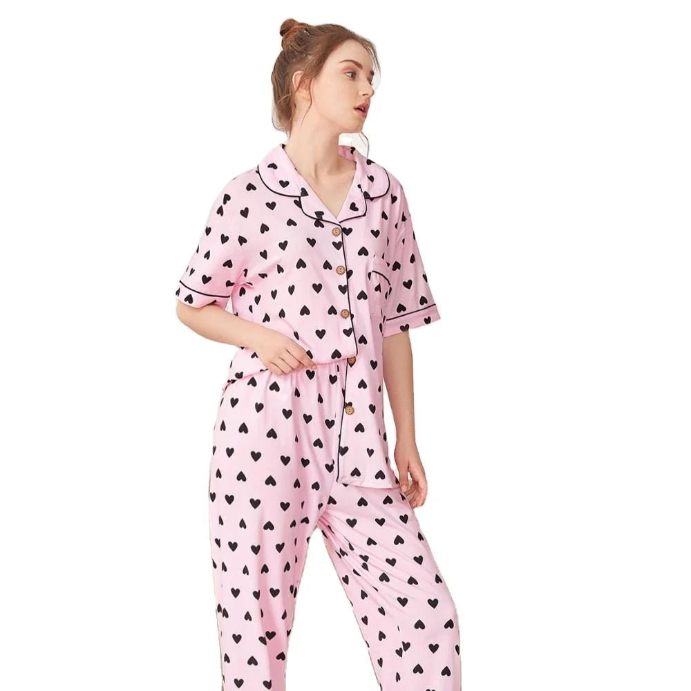 

Wholesale summer cotton printed heart-shaped pink comfortable ladies pajamas