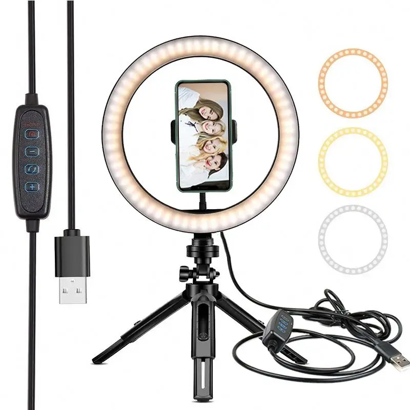 

10" Selfie Ring Light with Tripod Stand & Cell Phone Holder Dimmable Desktop LED Circle Light for Live Streaming Makeup Youtube
