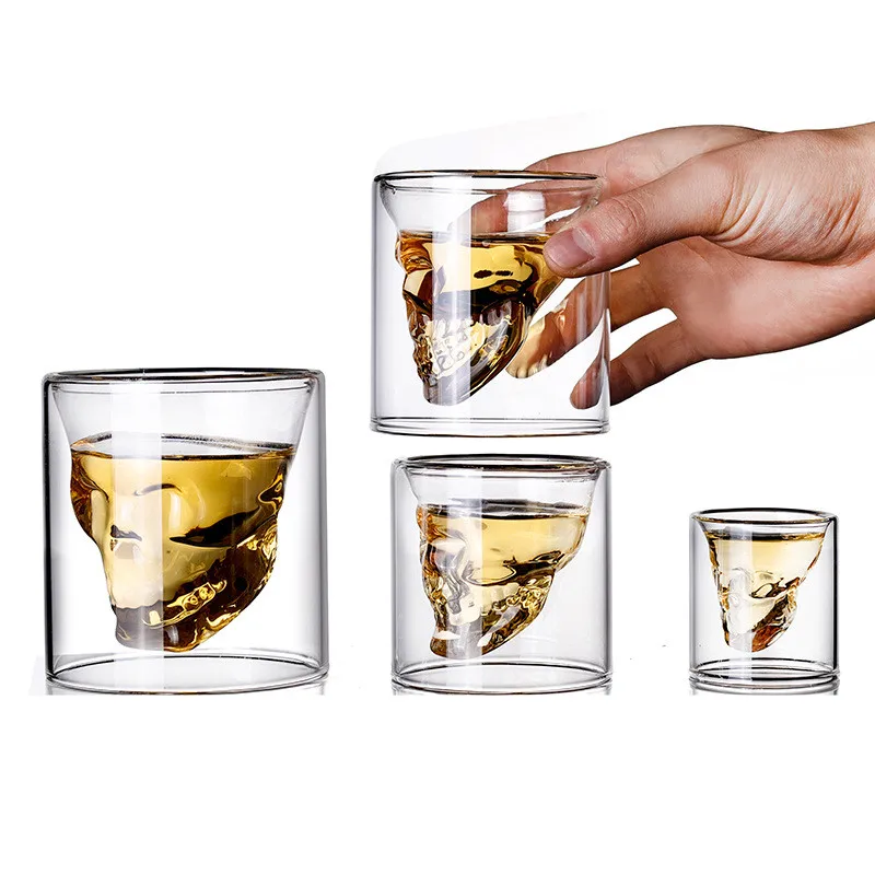 

hot sale new design Double Wall imprisoned Pirate head bone Wine Glass Cup Borosilicate Glass Whiskey Cup cocktail cup