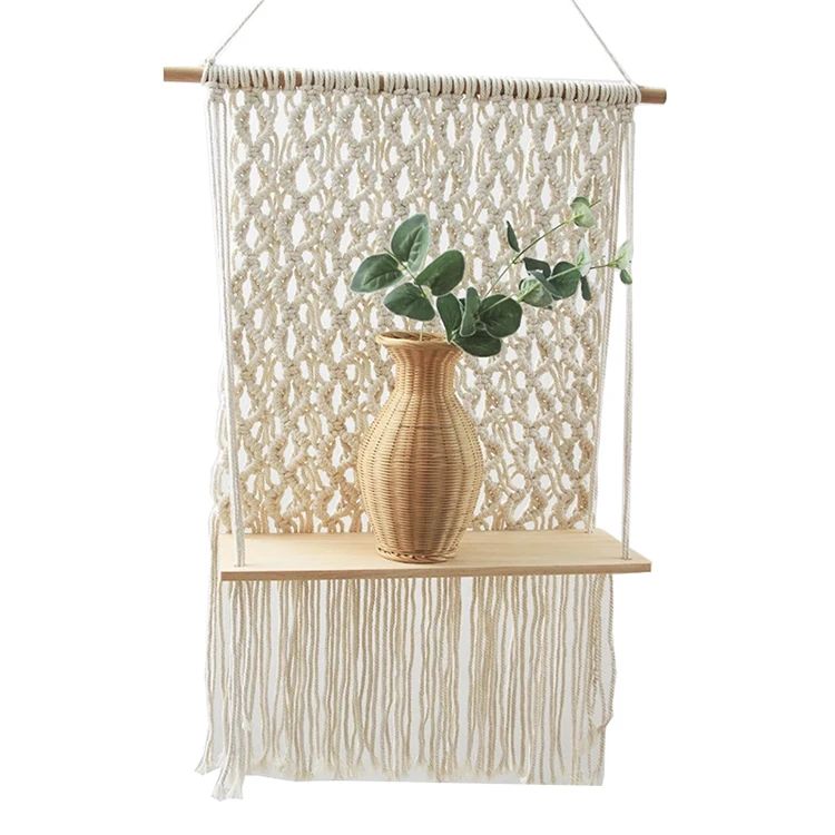 

Boho macrame shelf wall decor Floating wood shelf macrame wall hanging shelf, White