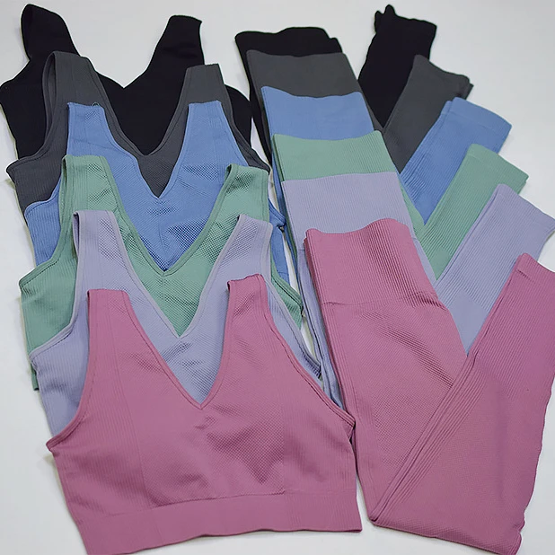 

ZC2205 Seamless ribbed V neck Ladies Sports Bra and full length leggings High-waisted Sweat and squat proof active wear