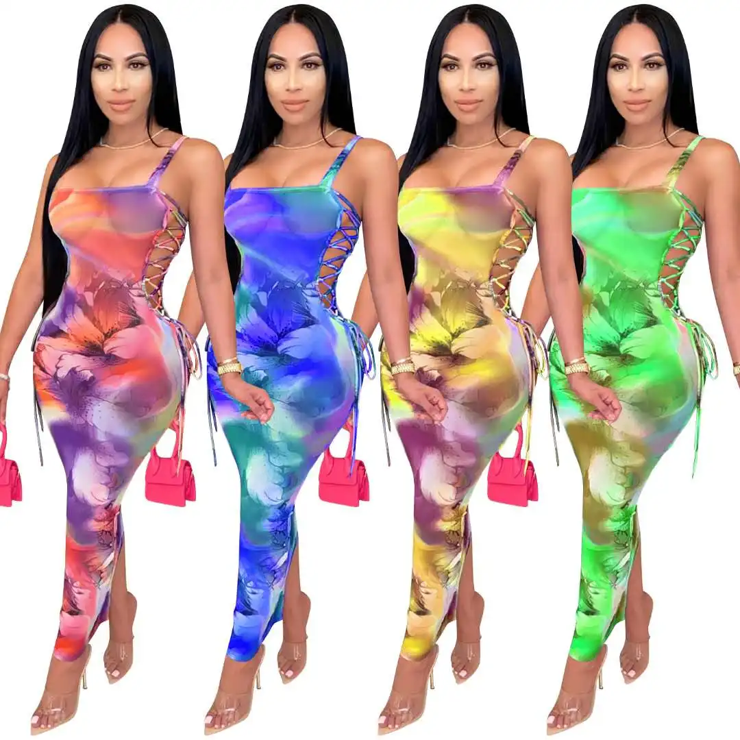 

Night Club Women Sexy Mesh Dress Printed Strap See Through Bandage Bodycon Maxi Dresses Women, All 4 colors