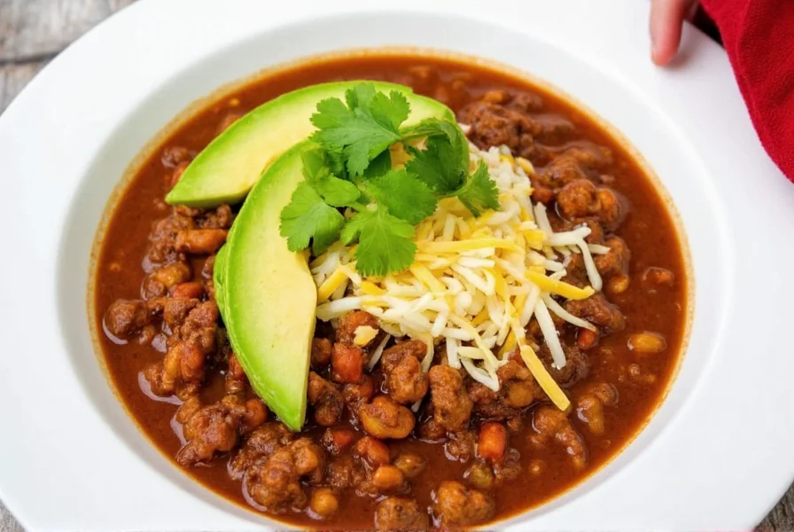 Bowl of slow cooker turkey chili with various toppings including avocado, cheese, and cilantro