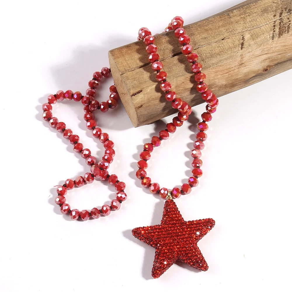 

Fashion Women Jewelry 8mm knotted Crystal Glass Necklace Shiny Rhinestone Clay Star Pendant Necklace