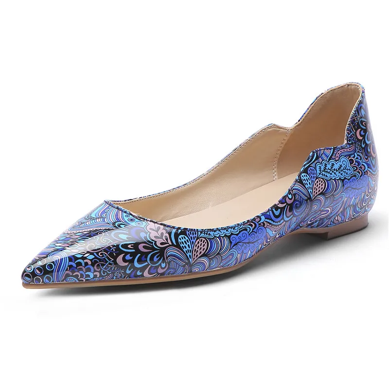 

Hot Sale Patent Leather Floral Print Pointed Toe Slip on Ladies Pumps Women Flat Shoes