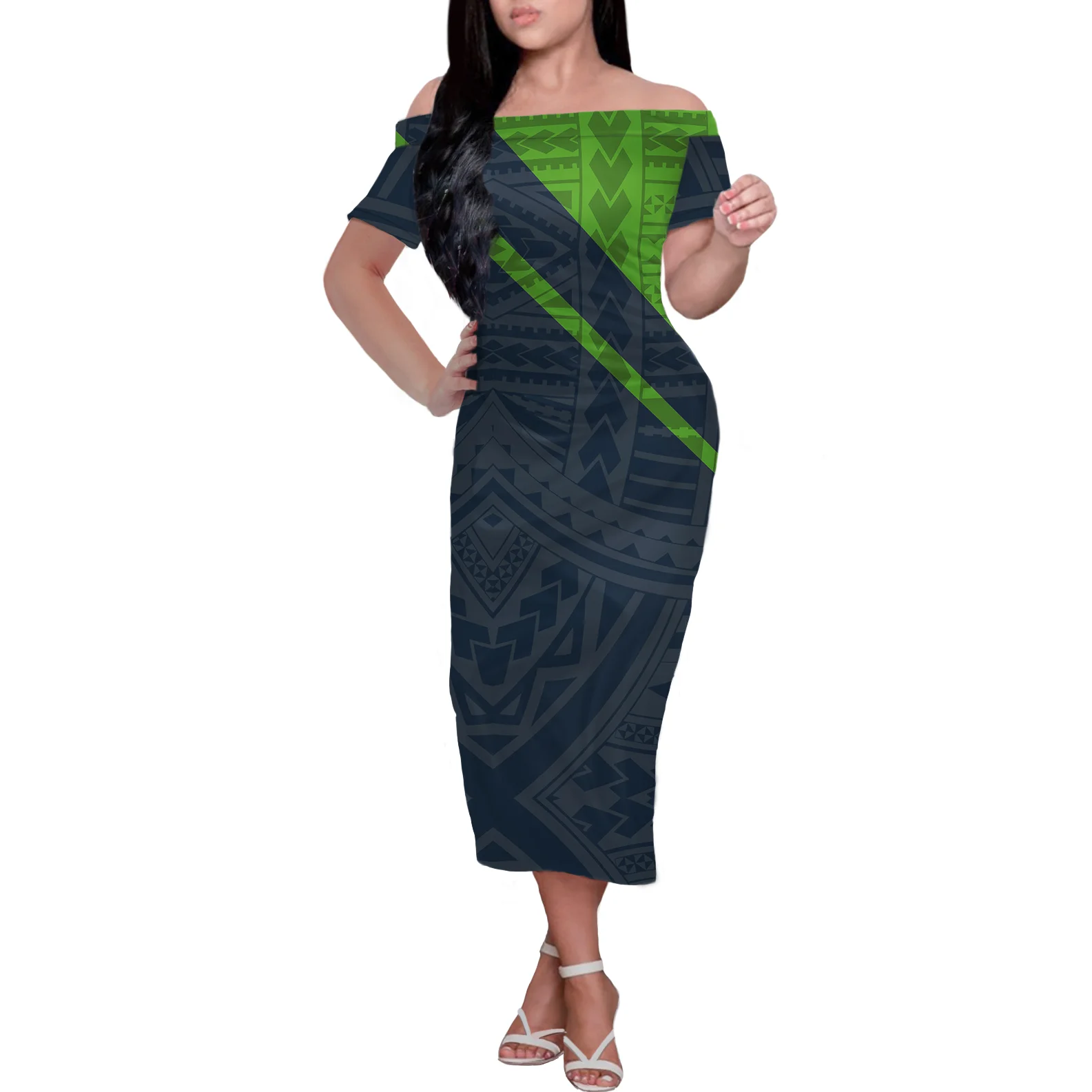 

MOQ1 Green Black Hawaiian Dresses Polynesian Tribal Samoan Pattern Holiday Dress for Women Elegant Party Bodycon Ladies Clothing