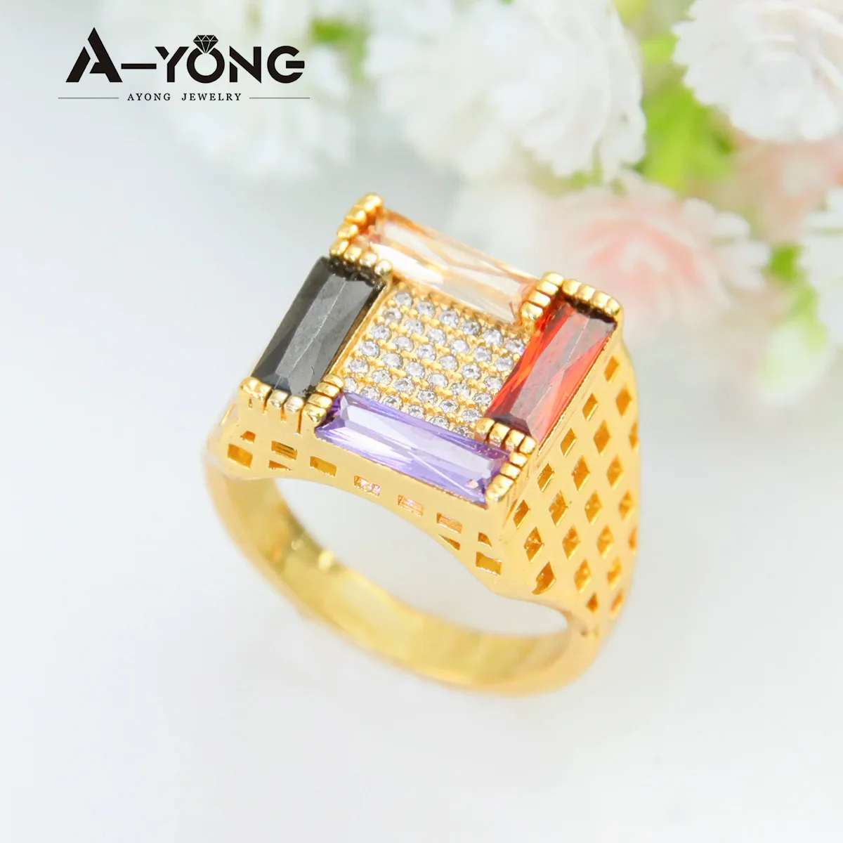 

Hot Simple Style Copper Ring Handmade 24k Gold Plated Cubic Zirconia Ring for Women