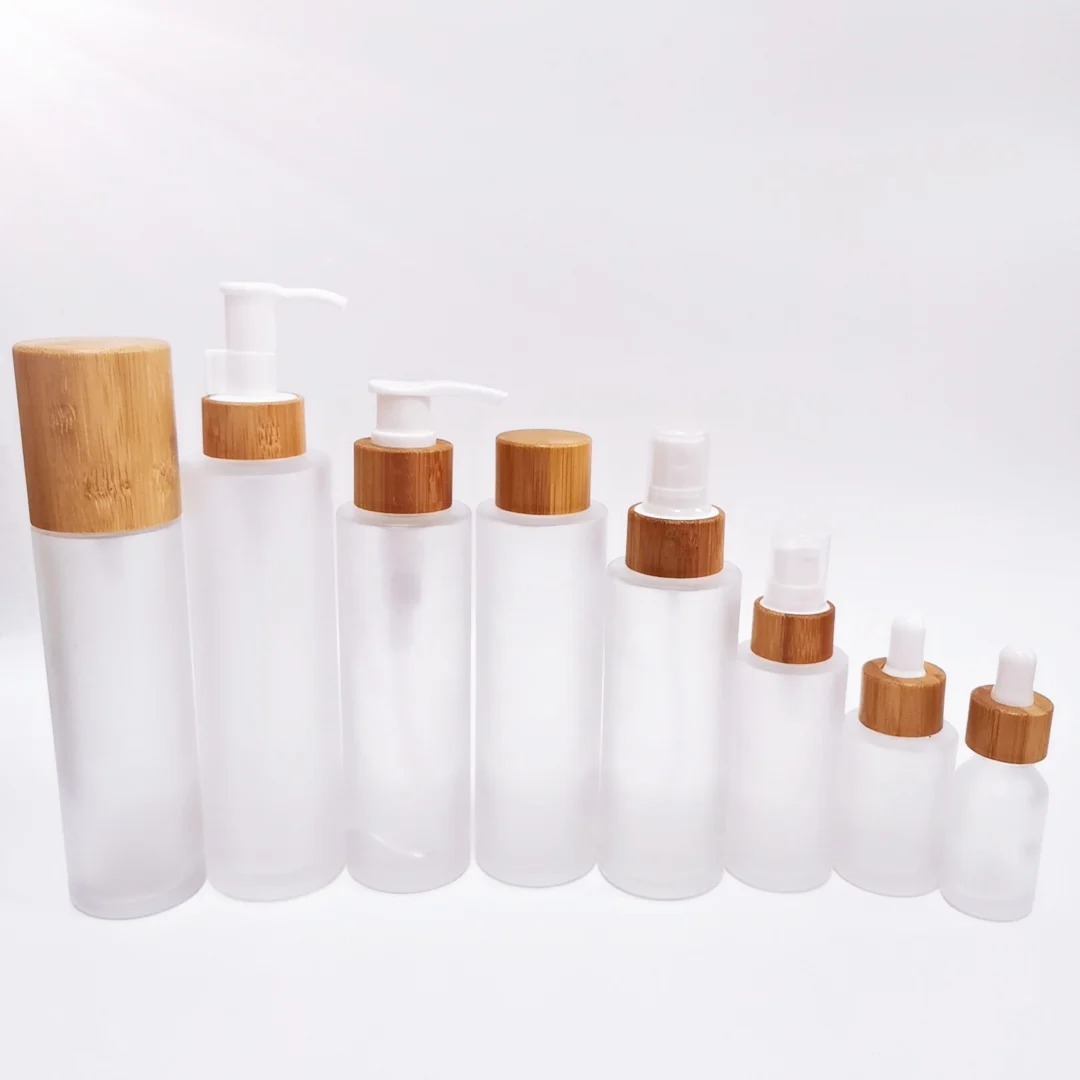 

100 Ml 150ml Matte Glass Cosmetic Bottle Lotion Shampoo Frosted Glass Cosmetic Spray 100ml Bottle With Bamboo Lid