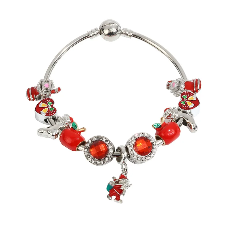 

Newest Fashion Silver Plated Red Crystal Big Whole Beads Bracelets Santa Claus Charm Bracelets For Christmas Gift