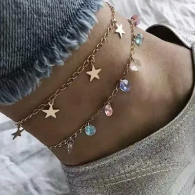 

Creative Fashion Double Layer Rhinestone Crystal Link Chain Anklet Colorful Diamond Star Tassel Foot Chain for Women