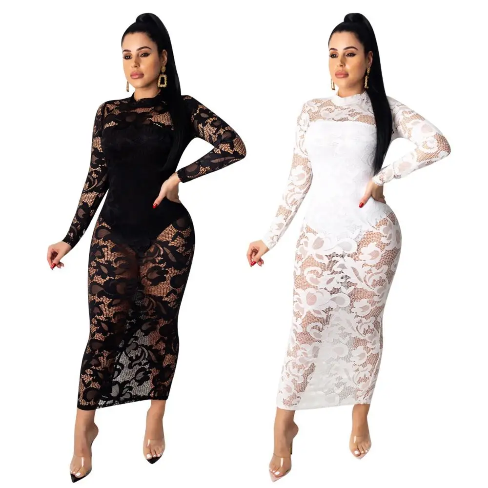 

Lace Sexy Dress for Women Long Sleeve Maxi Dresses Party Evening Clubwear White Black Long Night Dress for Ladies RS00287