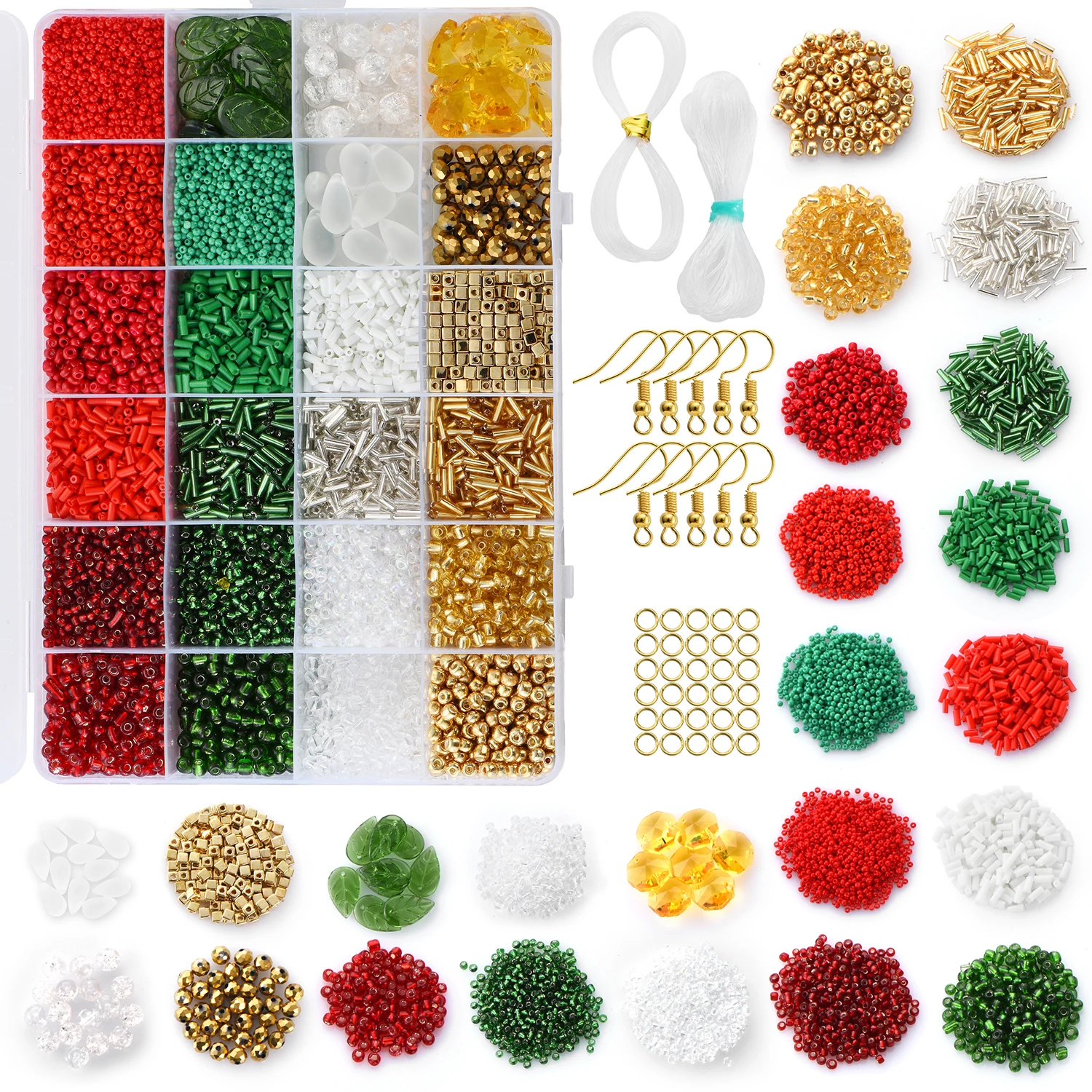 

10352Pcs Round Glass Beads Alloy Hooks Seed Beads Crystal Drop Pendant Tube Beads Set For Christmas Ornaments Jewelry Needlework