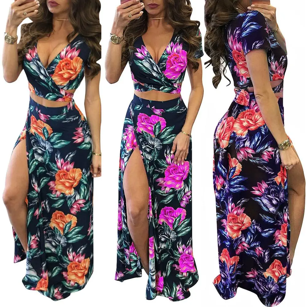 

FM-M1027 Sexy Crop Top Classic Floral Summer Dresses Maxi Dresses Women in two piece skirt set women, As the pic