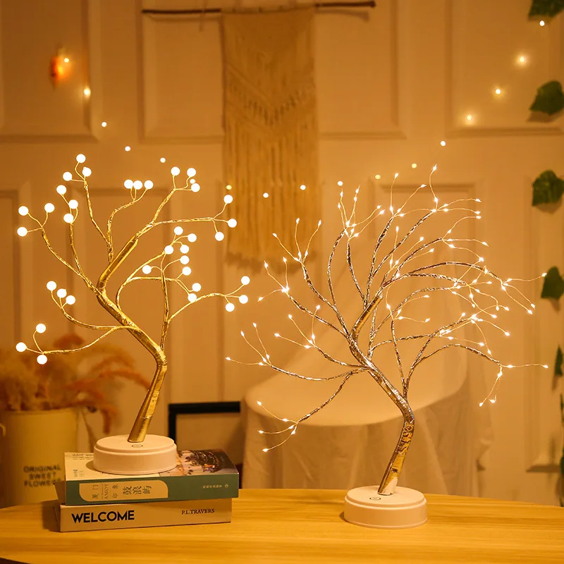 

HY OEM 2020 Christmas led night light New Lantern LED Copper Wire Light Pearl Tree Light Touch Switch christmas tree ornaments