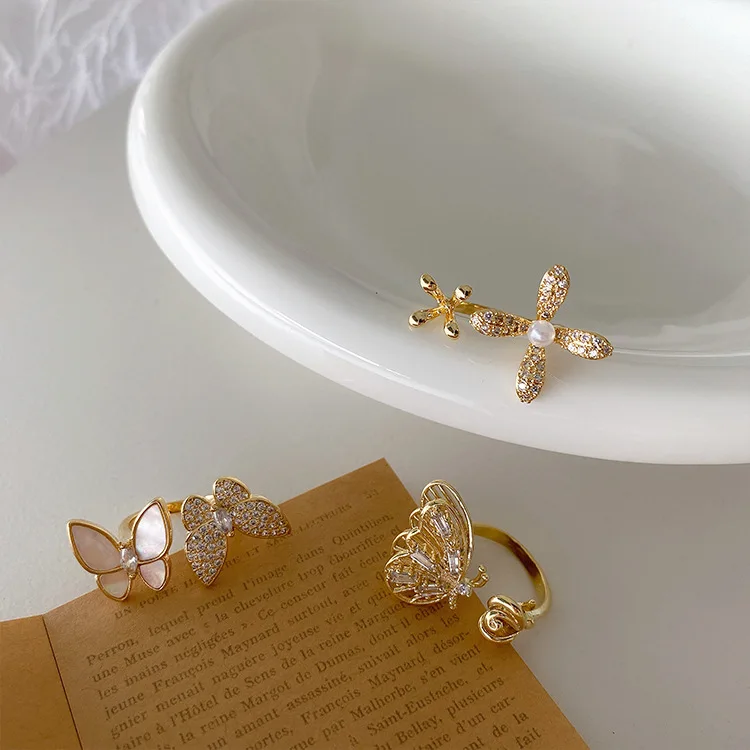 

New Design Fashion Jewelry Opening High-Grade Brass Inlaid Zircon Butterfly Ring Luxury Shiny Cocktail Party Ring For Women, As picture