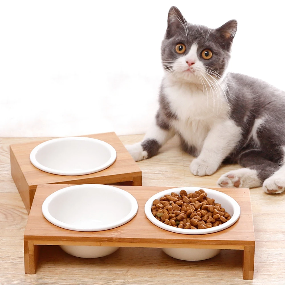 

Bamboo Raised Dog and Cat Pet Feeder Bowls Raised Stand Feed Station Tray Waterer with Double PP Bowl Dish, Chosen