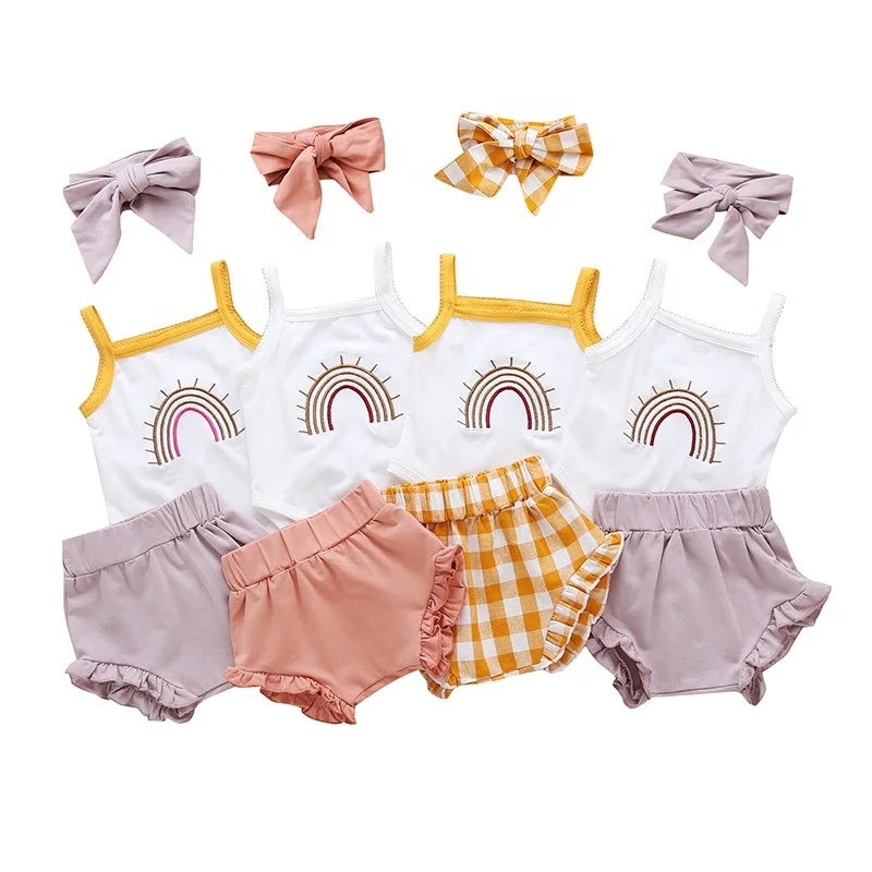 

Summer Children Clothes Cotton 100%cotton Singlet Romper Ruffle Bloomer Outfits Rainbow Kids Baby Girl Sets, Photo showed and customized color