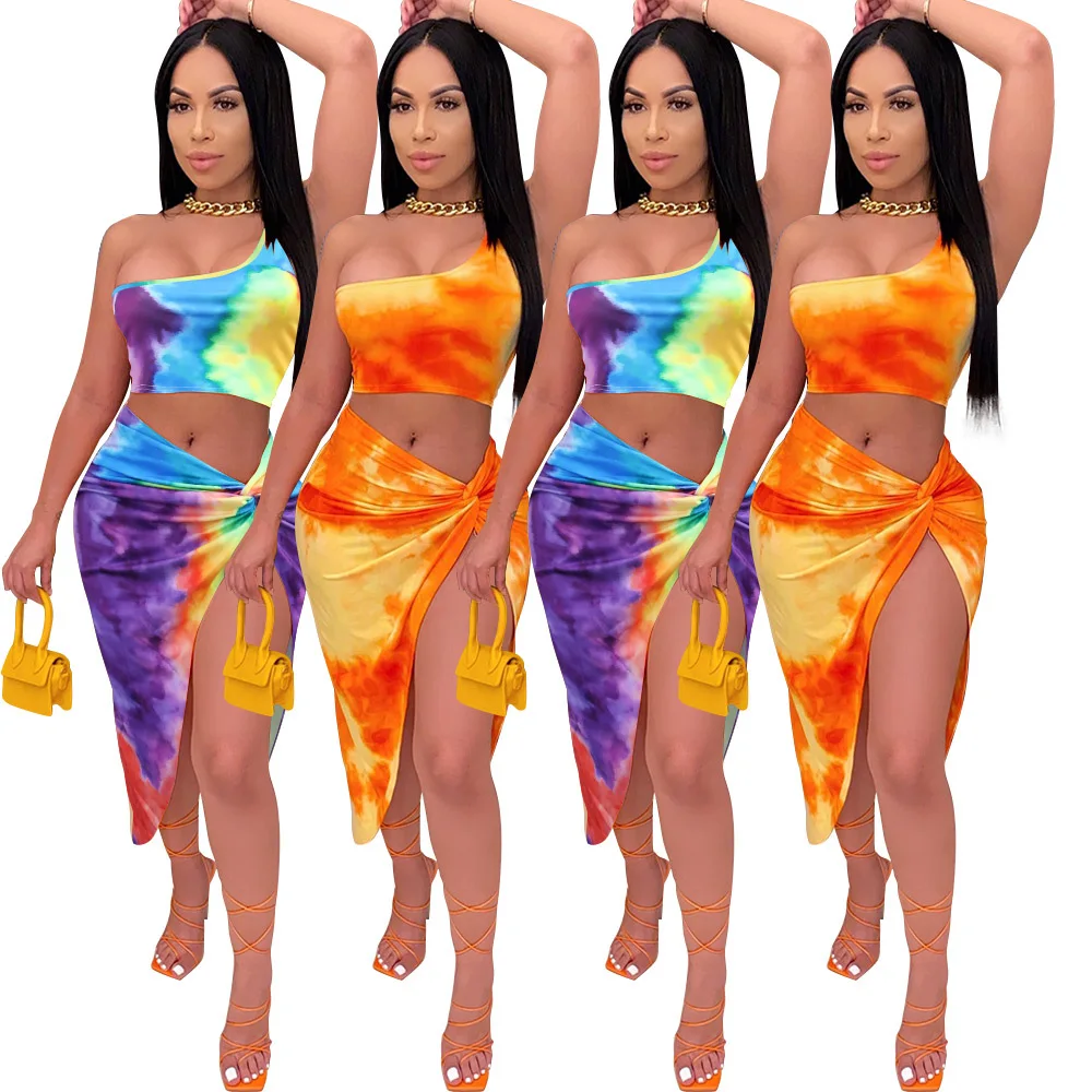 

Amazon Europe and the United States tie-dye vest twisted split skirt suit Off Shoulder Dress