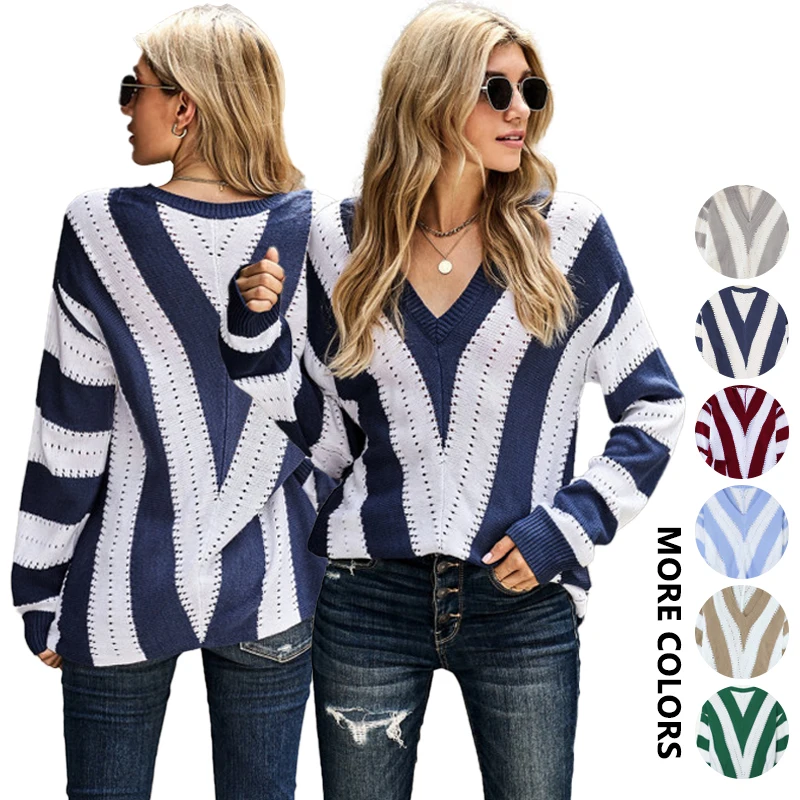 

2021 Fall Winter Custom Ladies Striped Colorblock Knitting Designers Pull Over Sweaters Women Tops