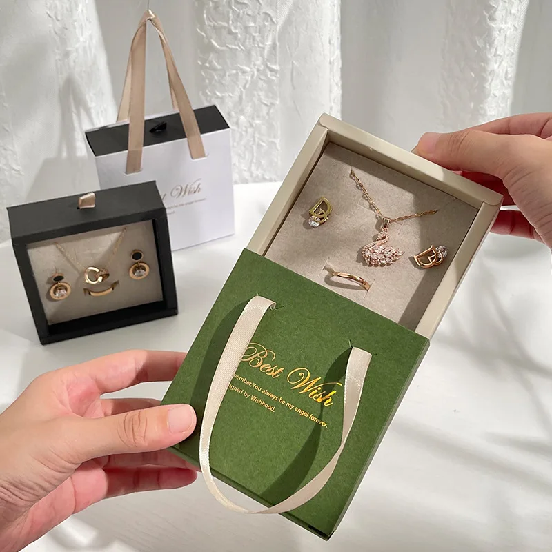 

2022 Custom Luxury Golden Foil Logo White Box For Jewelries Packaging Gift Earring/necklace/ring Sliding Drawer Box With Handle