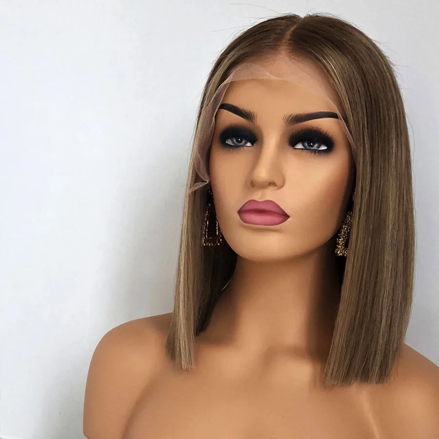 

Malaysia Short Bob Highlights Blonde Lace Human Hair Wigs for Women 180Density Glueless Full Lace Wigs Straight Bleached Knots, Natrual color wig