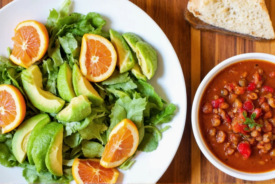 Fresh green salad with avocado and citrus segments served alongside a bowl of chili