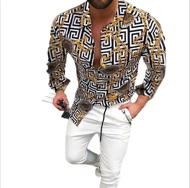 

Summer Oversized Shirt Printed Turndown Collar Long Sleeve Shirts Hawaiian Striped Shirt Mens Hombre, Picture shown