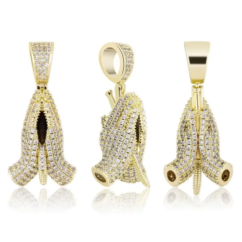 

2020 Christmas Gift Praying Hands Pendants Fine CZ Diamond Men Chain Jewelry Ice Out Necklaces