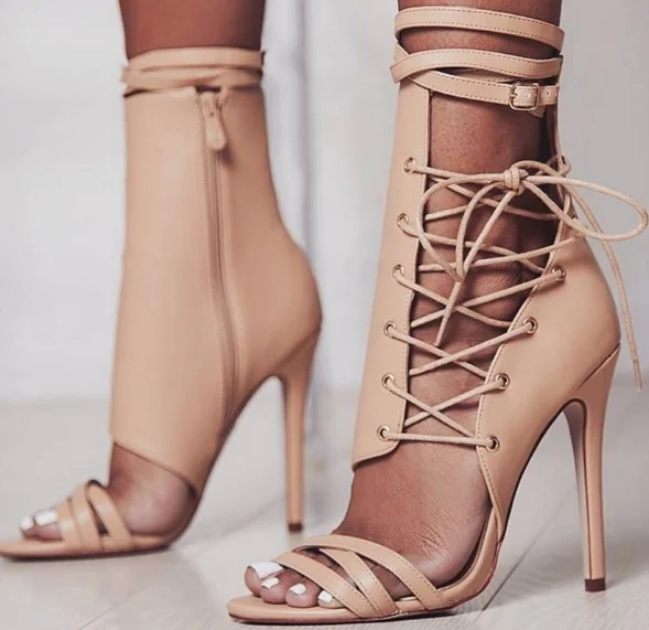 

European And American New Sexy Fashion High Heeled Strap Buckle Roman Women Sandals, Black beige