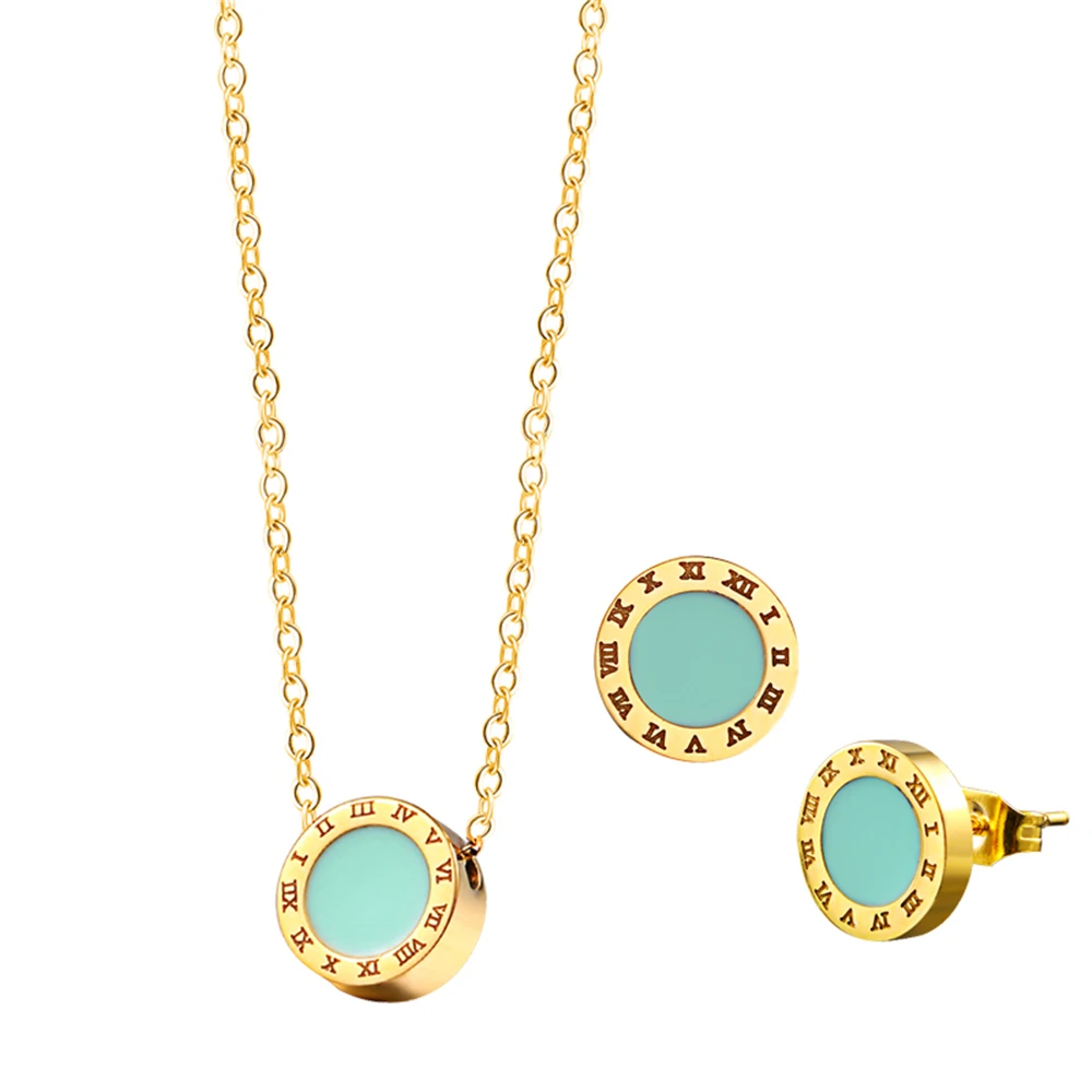

Simple Stainless Steel 18K Gold Plated Alphabet Roman Letter Small Round Necklace Earrings Set