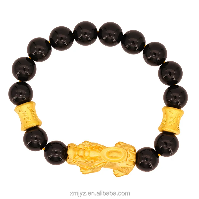 

Retro Style Gold Men's And Women's Obsidian Pi Xiu Bracelet Six Words Zhenyan Barrel Beads Money Drawing Luck Changing