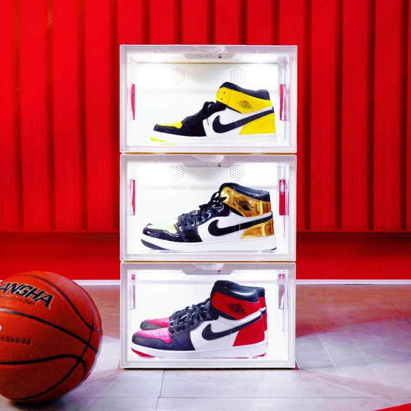 

custom logo LED shoe box nike stackable transparent black shoe storage box rack,magnetic foldable drop front shoe storage box, Black,white