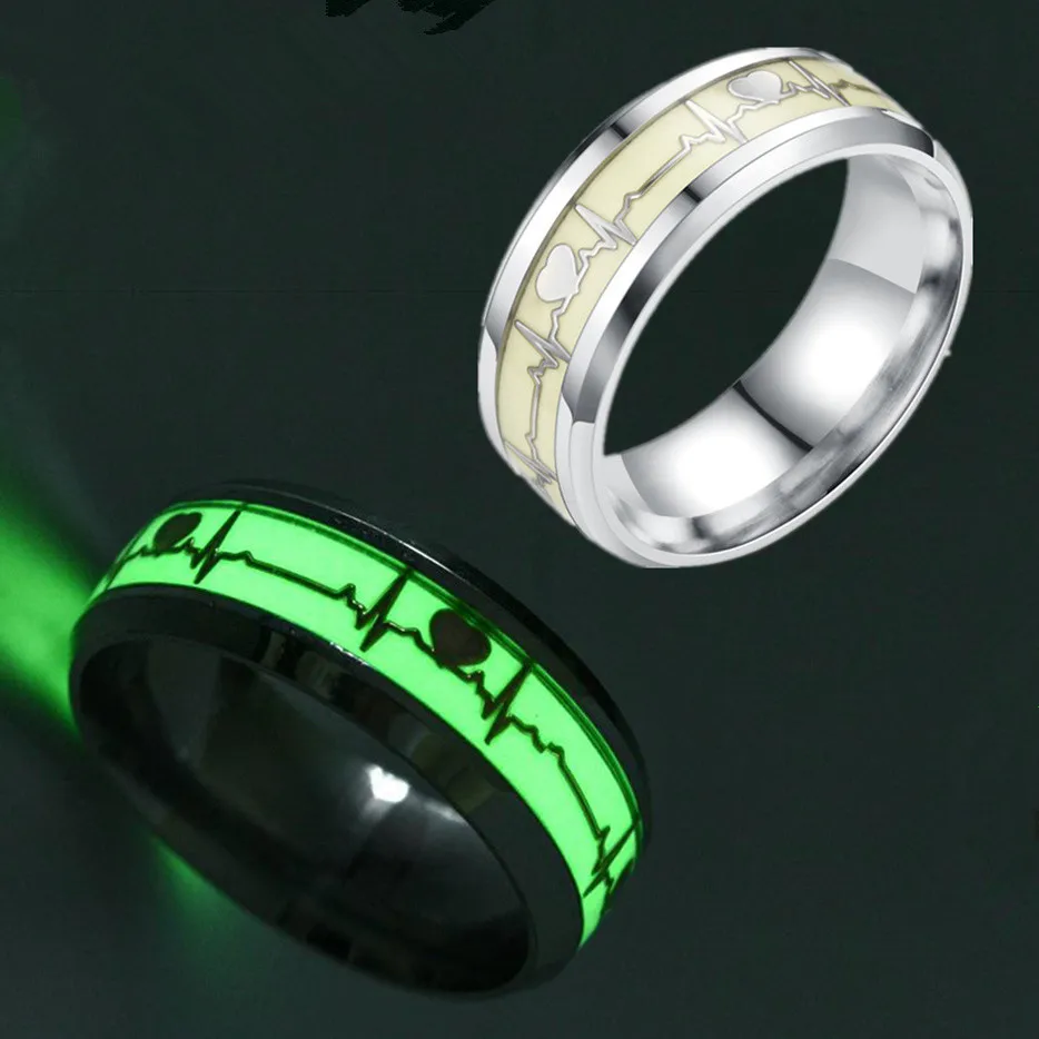 

Heartbeat Luminous Rings Women Men Stainless Steel Fluorescent Glowing In dark Finger Wedding Bands Jewelry Gift Accessories, Gold,silver