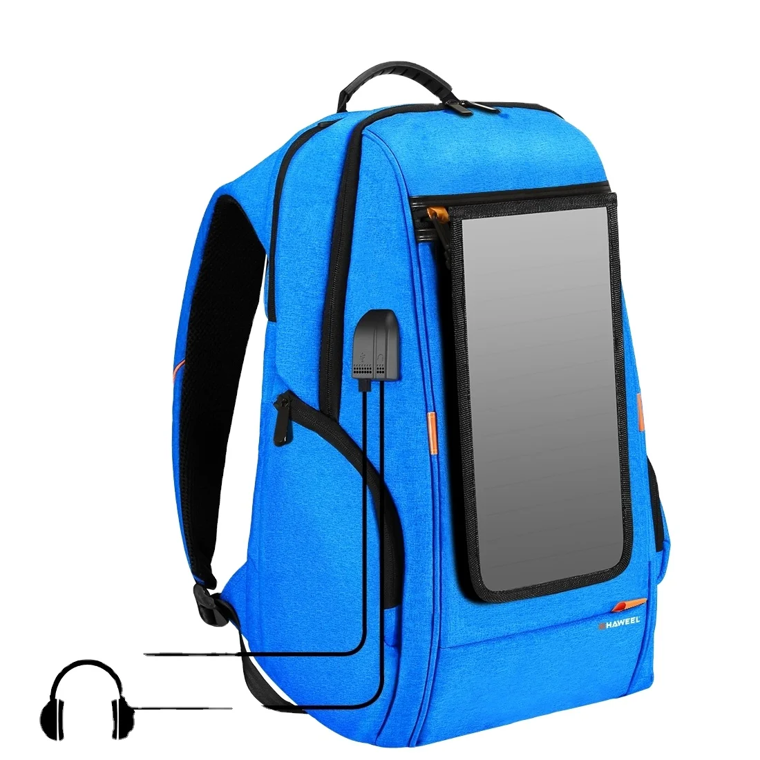 

Wholesale Custom Solar Power Phone Charge Outdoor Travel Casual Laptop Backpack USB Charging and Earphone Port Fashion Bag, Black blue