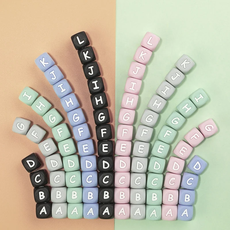 

Wholesales Alphabet Letter Beads Baby Teether Silicone Teething English Beads, Pink , blue , grey ,mint,black